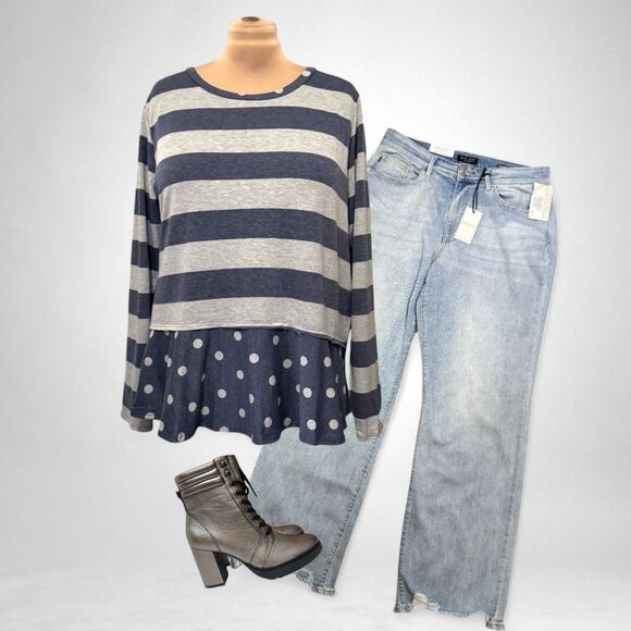 E. Luna Knit Pullover Stripe and Polka Dot Peplum Hem Top, NEW! Size 3X - Picture 5 of 7